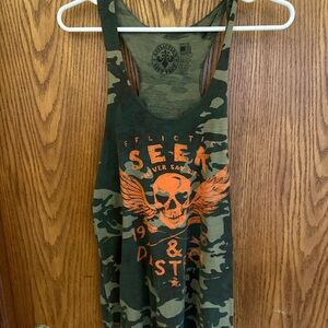 Affliction Green Camo Tank Top with Orange Skull Design